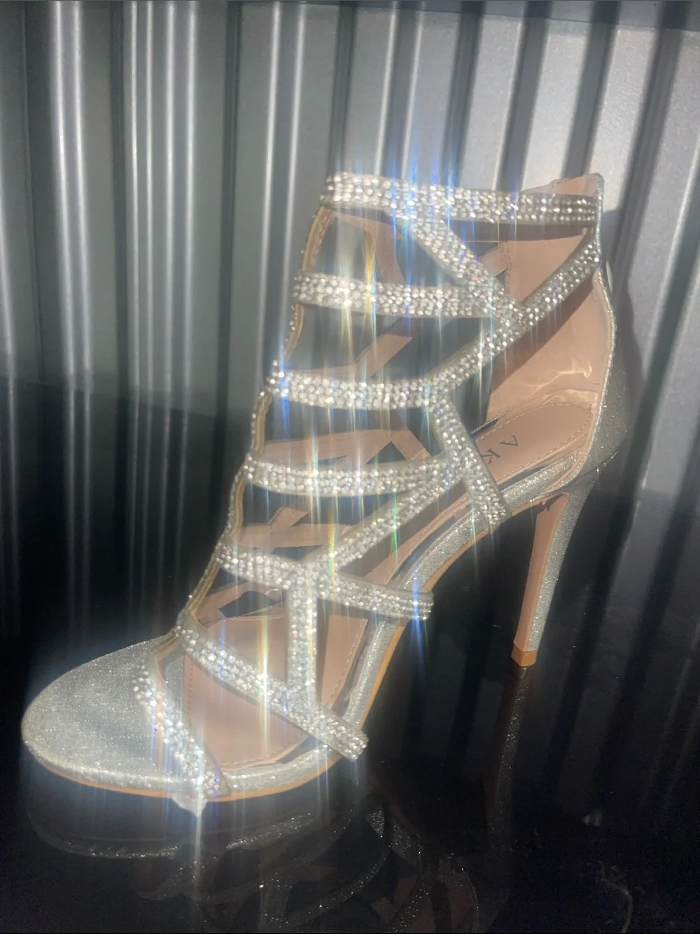 AKIRA Silver Crystal Cage Stiletto Sandals